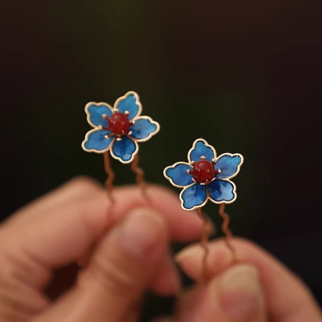 Travel Accessories Aesthetic - Blue Flower Ancient-Style Hanfu Hairpin, Exquisite